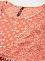 Thumbnail for HERE&NOW Ethnic Motifs Print High Slit Cotton Kurta with Sharara - Distacart