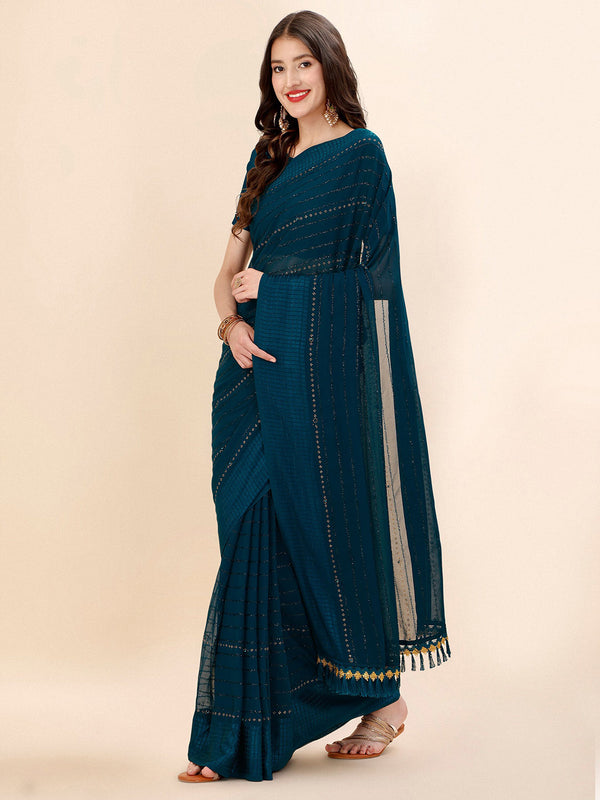 Mitera Teal & Black Striped Beads & Stone Work Pure Chiffon Saree - Distacart