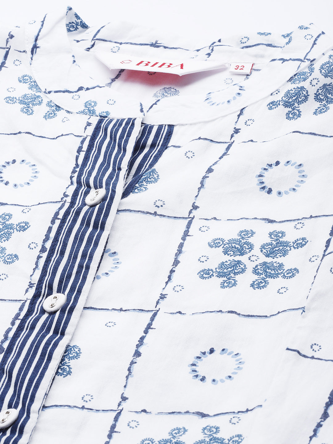 Biba Women White & Navy Blue Ethnic Motifs Printed Kurta with Inner - Distacart