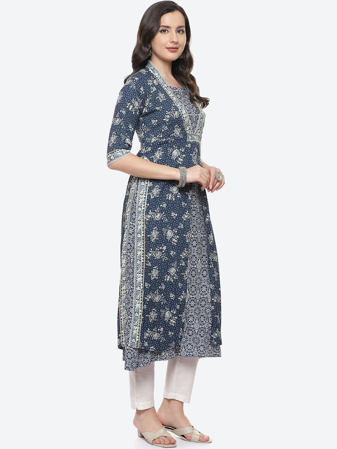 Biba Women Navy Blue & Beige Floral Printed Kurta - Distacart