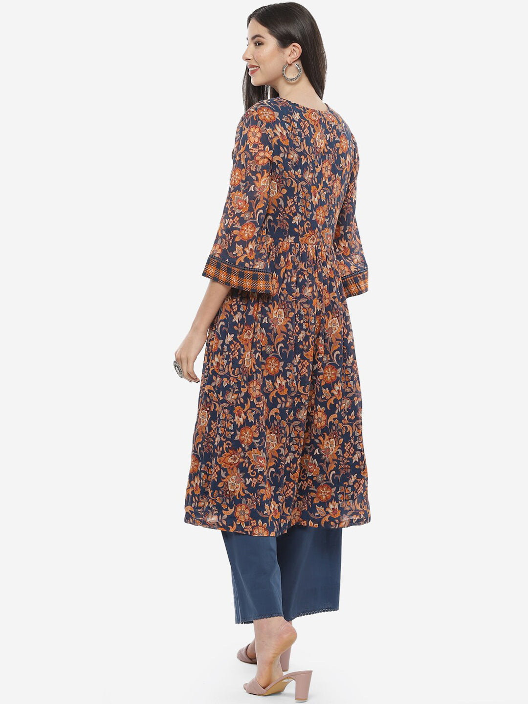 Biba Women Blue Floral Printed Pure Cotton Kurti with Palazzos - Distacart