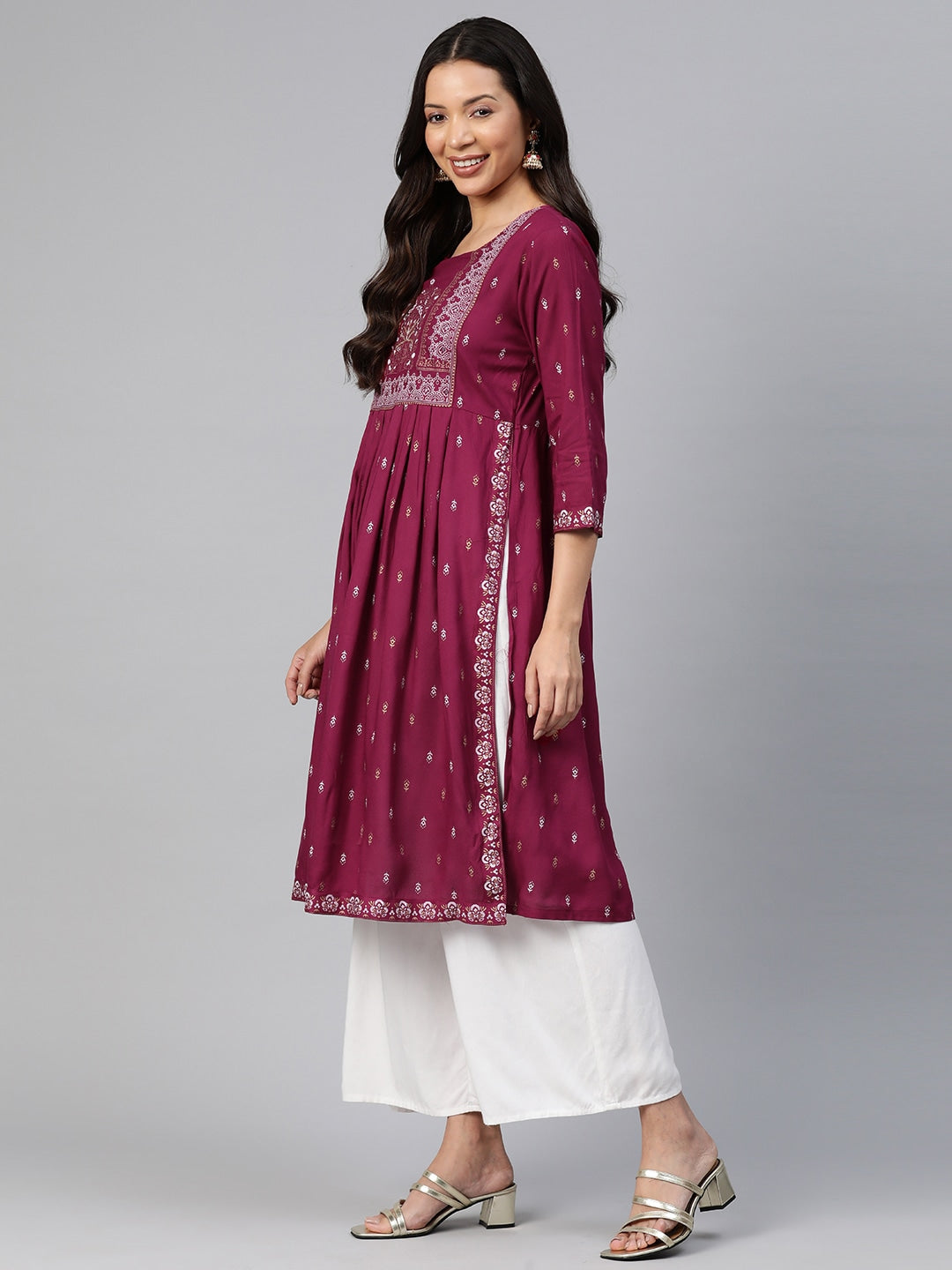 Kalini Ethnic Motifs Printed High Slit Mirror Work Kurta - Distacart