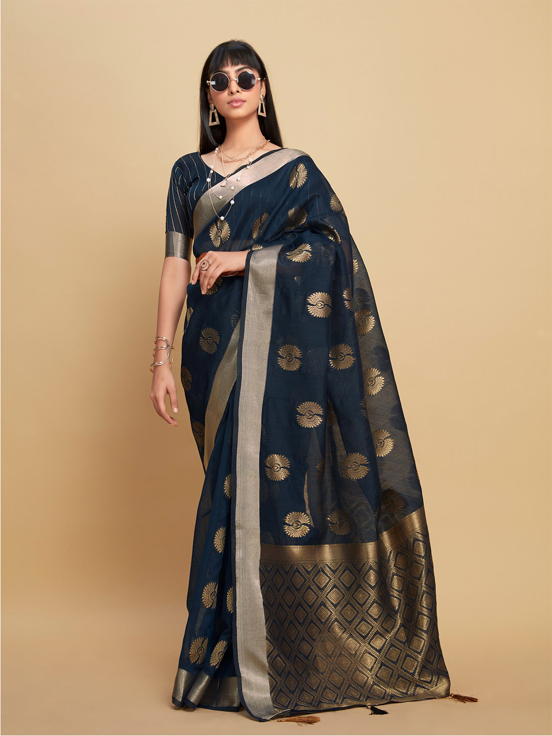 Sangria Navy Blue Ethnic Motifs Woven Design Zari Saree - Distacart