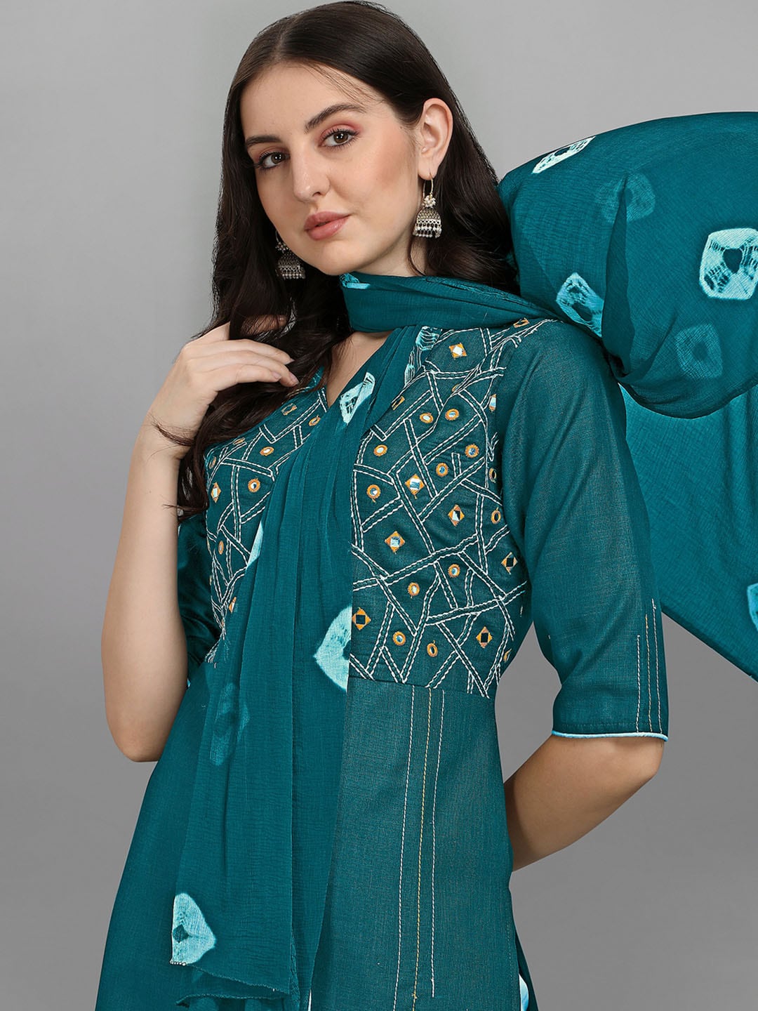 Kalini Women Embroidered Mirror Work Kurta with Trousers & With Dupatta - Distacart