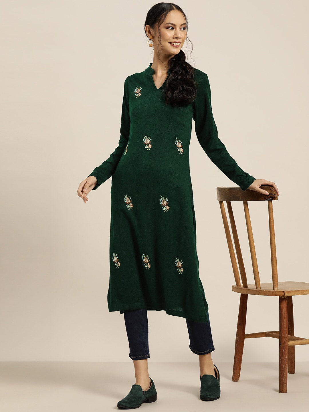 Sangria Green Acrylic Winter Kurta - Distacart