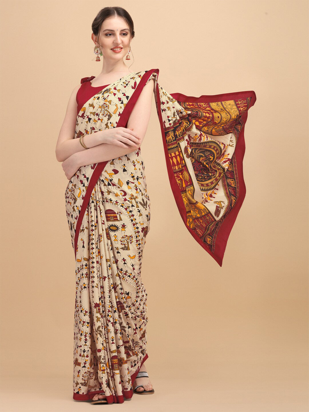 Kalini Beige & Red Warli Art Silk Saree - Distacart