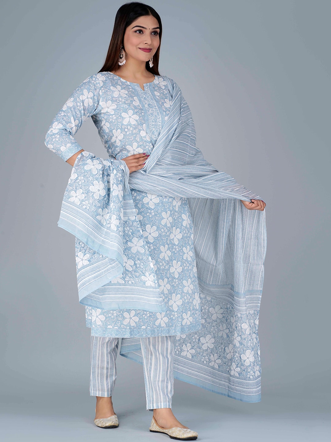 Kalini Floral Printed Pure Cotton Kurta with Pyjamas & Dupatta - Distacart