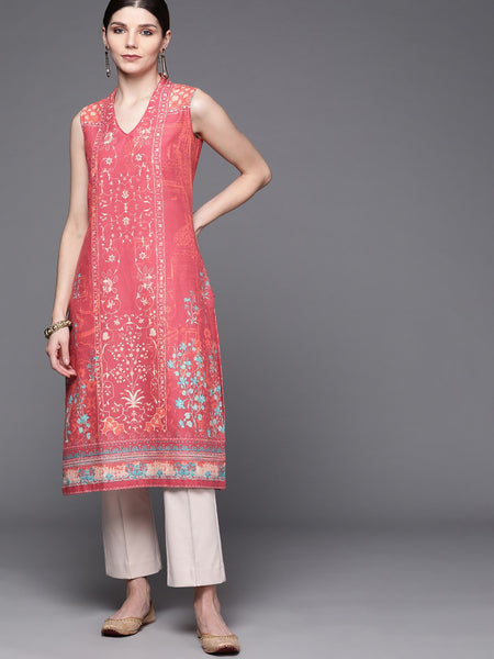Biba Women Pink Pure Cotton Ethnic Motifs Printed V-Neck Sleeveless Kurta - Distacart