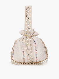 Thumbnail for Anekaant Off White & Purple Embellished Tasselled Potli Clutch - Distacart