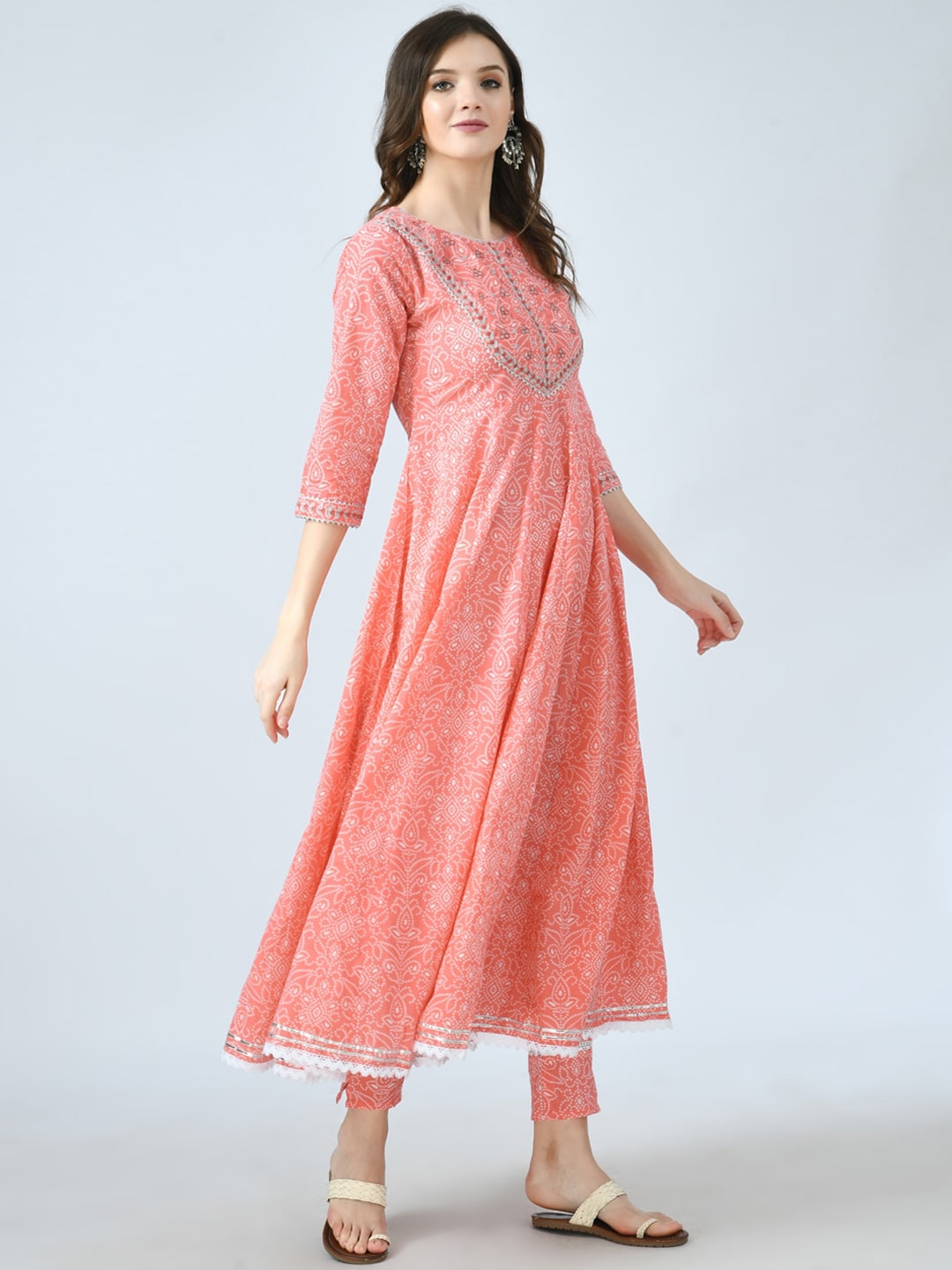 Kalini Women Peach-Coloured Bandhani Printed Empire Gotta Patti Kurta Set - Distacart
