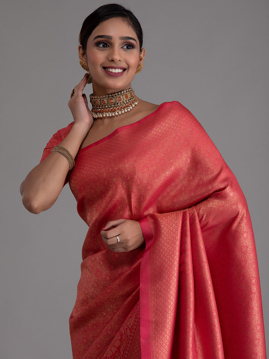 Koskii Red & Gold-Toned Ethnic Motifs Zari Saree - Distacart