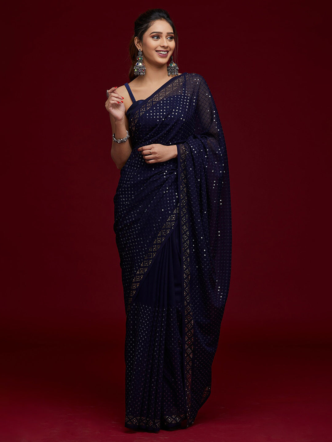 Koskii Navy Blue Embellished Sequinned Saree - Distacart