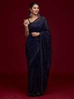 Thumbnail for Koskii Navy Blue Embellished Sequinned Saree - Distacart