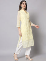 Thumbnail for HERE&NOW Women Yellow Ethnic Motifs Embroidered Thread Work Georgette Kurta - Distacart