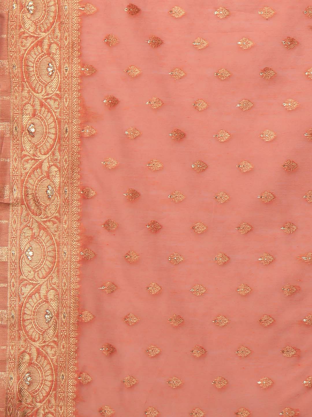 Mitera Peach-Coloured & Gold Floral Woven Design Silk Blend Banarasi Saree - Distacart