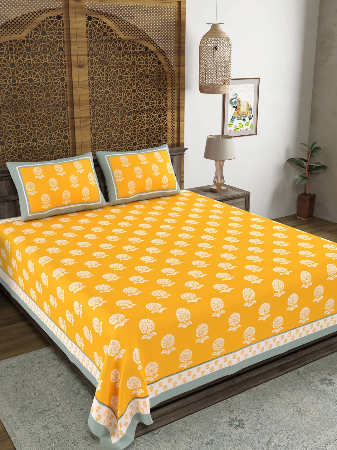 BLOCKS OF INDIA Yellow Ethnic Motifs Cotton 210 TC Super King Bedsheet & 2 Pillow Covers - Distacart
