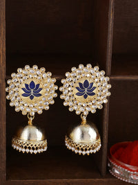 Thumbnail for Shoshaa Gold-Plated Navy Blue Kundan-Studded Classic Jhumkas - Distacart