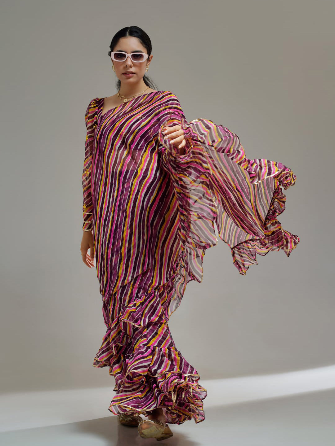 Tikhi Imli Brown Striped Ruffled Ready To Wear Saree - Distacart