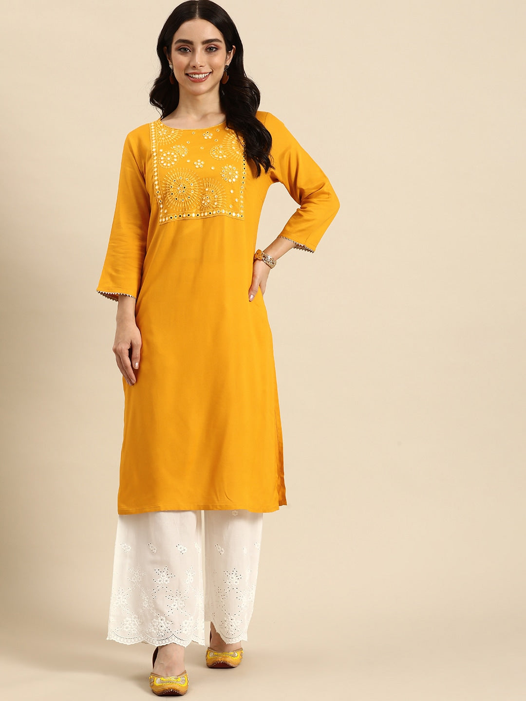 Sangria Women Ethnic Motifs Yoke Design Mirror Work Kurta - Distacart