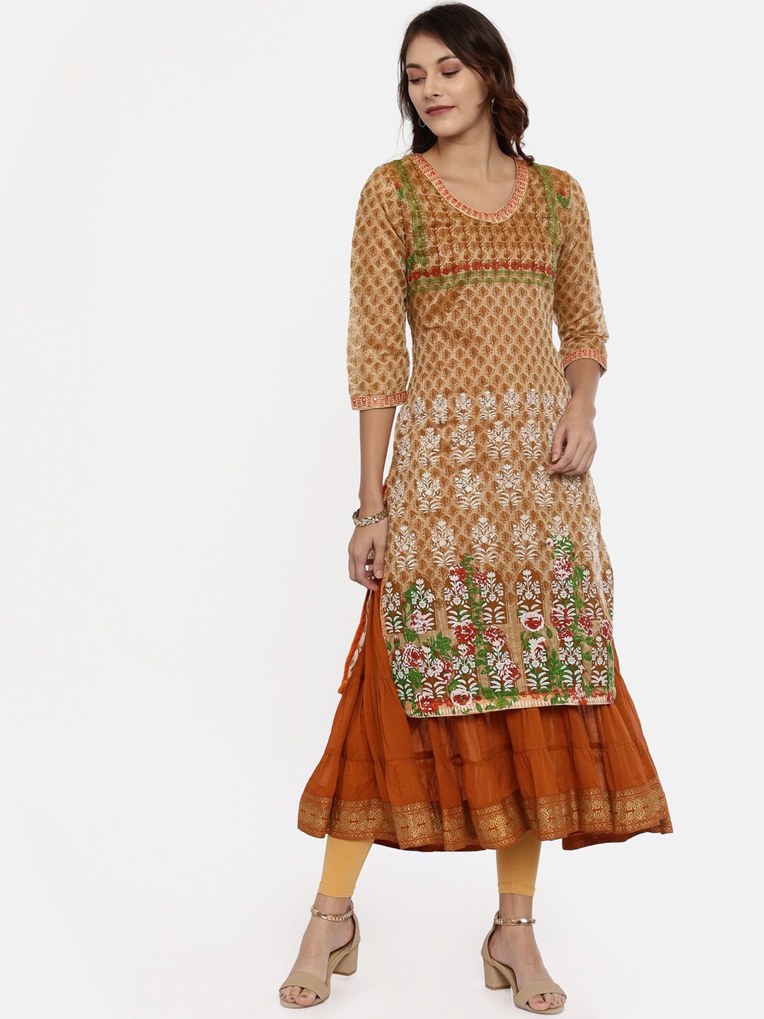 Souchii Beige & White Printed Straight Kurta - Distacart