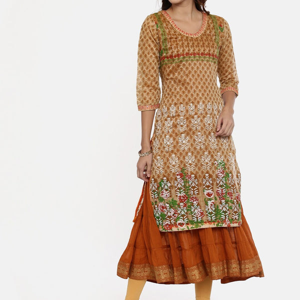 Souchii Beige & White Printed Straight Kurta - Distacart