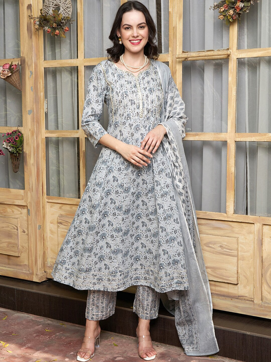 Sangria Floral-Printed Pure-Cotton Anarkali Kurta With Trouser & Dupatta - Distacart