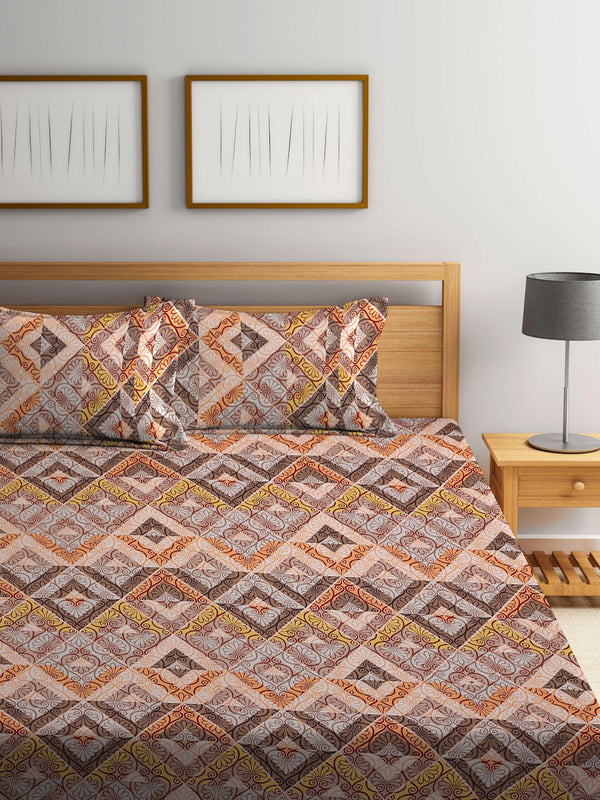 BOMBAY DYEING Epigram Brown & Yellow Ethnic Cotton 120 TC Queen Bedsheet & Pillow Covers - Distacart