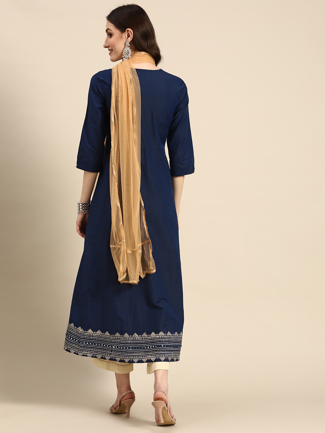 Sangria Women Navy Blue & Beige Embroidered Anarkali Kurta with Dupatta - Distacart