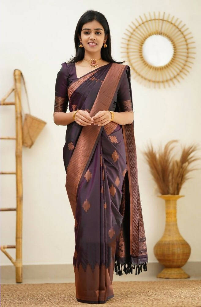 DEIANA'S Beautiful Golden Jari with New Design Soft Lichi Silk Saree - Wine - Distacart