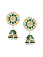 Thumbnail for NVR Women Gold Plated Green Dome Shaped Meenkari Jhumkas Earrings - Distacart
