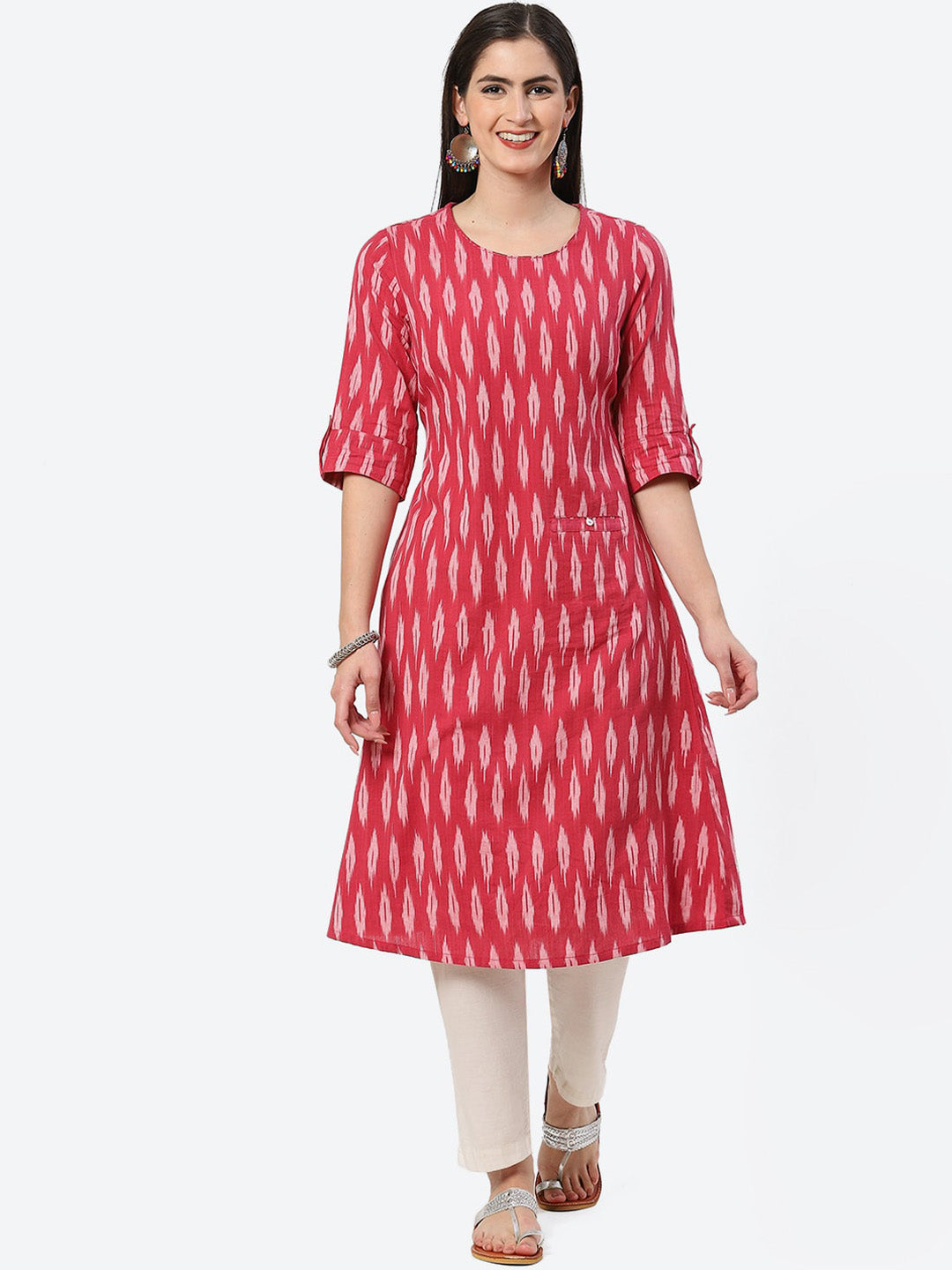 Biba Woven Design Ikat Roll Up Sleeves A-Line Pure Cotton Kurta - Distacart
