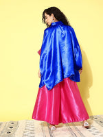 Thumbnail for InWeave Women's Blue Pink Brocade Satin Boho Kurta Pink Palazzo Set - Distacart