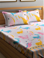 Thumbnail for Home Sizzler Pink & Blue Cartoon 210 TC Cotton Bedsheet with Pillow Covers - Distacart