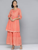 Thumbnail for HERE&NOW Ethnic Motifs Print High Slit Cotton Kurta with Sharara - Distacart