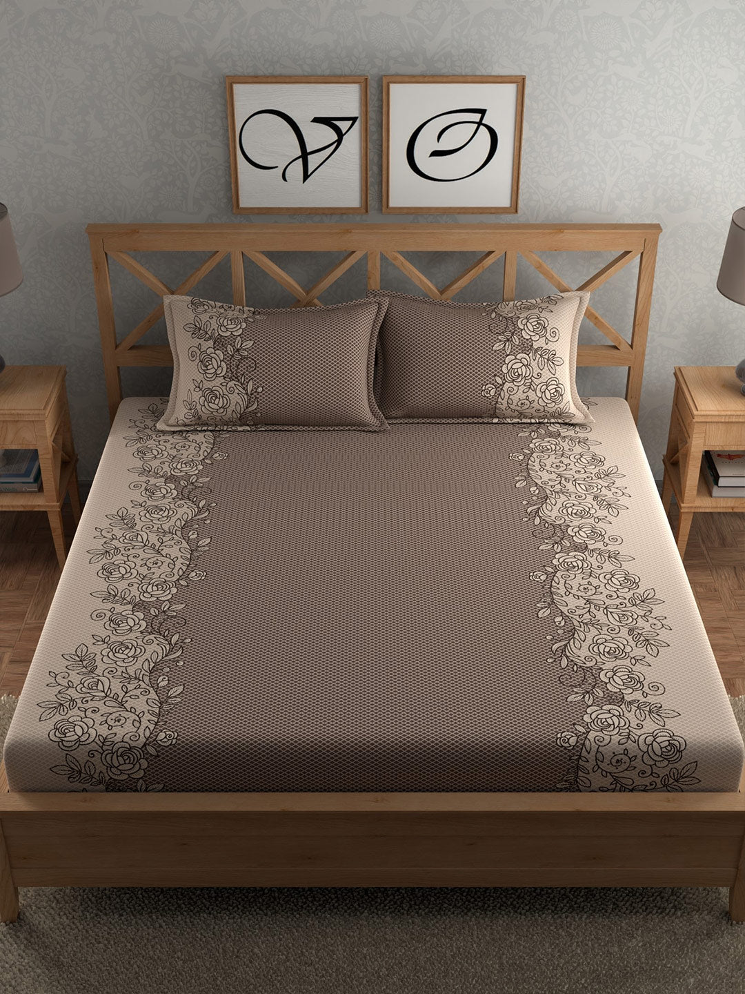 CHHAVI INDIA Brown Ethnic Motifs Cotton 210 TC King Bedsheet with 2 Pillow Covers - Distacart