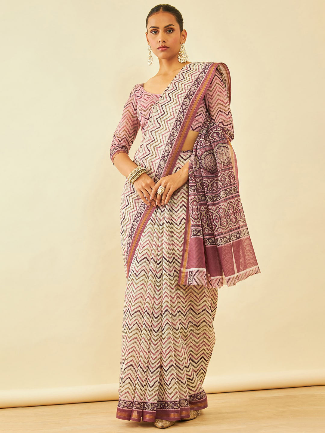 Soch Chevron Printed Zari Chanderi Saree - Distacart