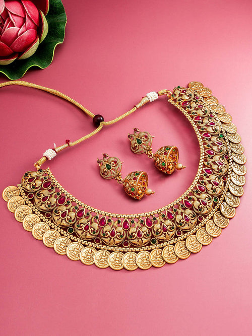 Aadita Gold-Plated Green &amp; Pink Stone-Studded &amp; Pearl Beaded Jewellery Set - Distacart