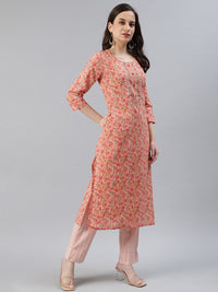 Thumbnail for Ahika Women Peach-Coloured & Green Printed Pure Cotton Kurta with Trousers & Dupatta - Distacart
