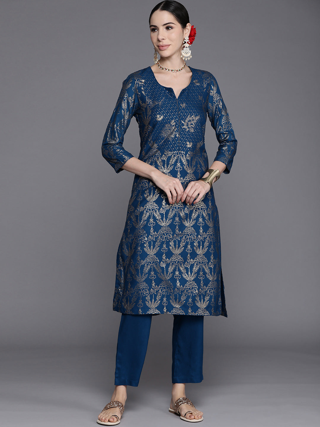 Biba Women Navy Blue & Golden Ethnic Motifs Printed Kurta with Trousers - Distacart