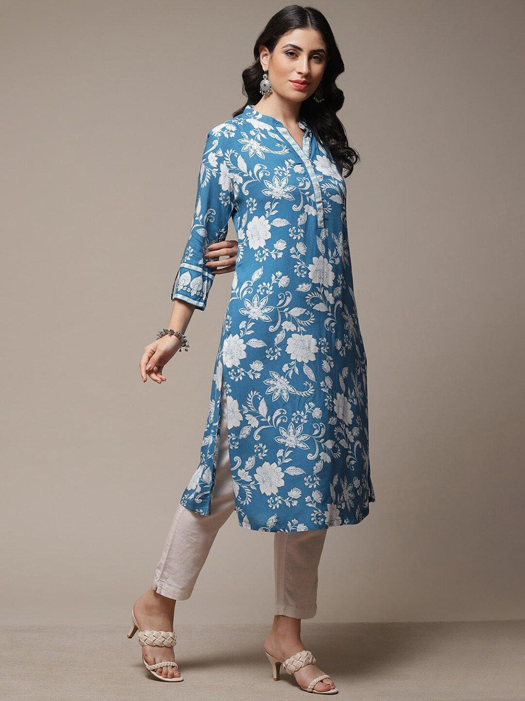 Biba Floral Printed Mandarin Collar Roll-Up Sleeves A-Line Kurta - Distacart