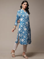 Thumbnail for Biba Floral Printed Mandarin Collar Roll-Up Sleeves A-Line Kurta - Distacart