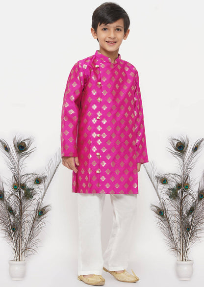 Little Bansi Banarsi Silk Sherwani & Pyjama - Magenta & Cream - Distacart