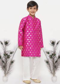 Thumbnail for Little Bansi Banarsi Silk Sherwani & Pyjama - Magenta & Cream - Distacart
