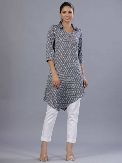 Juniper Women Blue Rayon Printed Asymmetric Kurta - Distacart