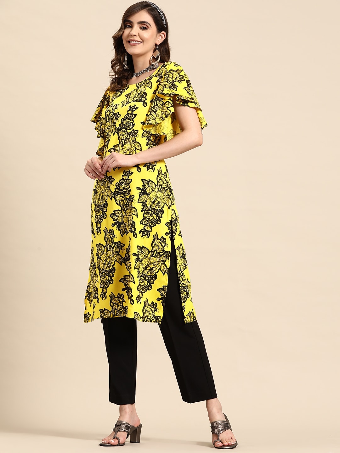 Sangria Floral Print Flutter Sleeves Kurta - Distacart