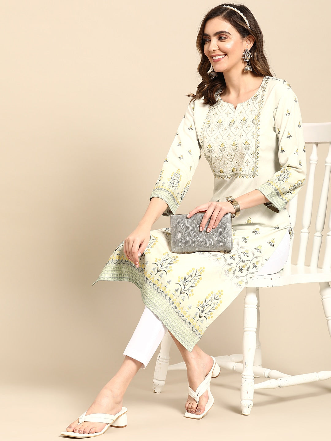 Sangria Women Green Floral Yoke Design Kurta - Distacart