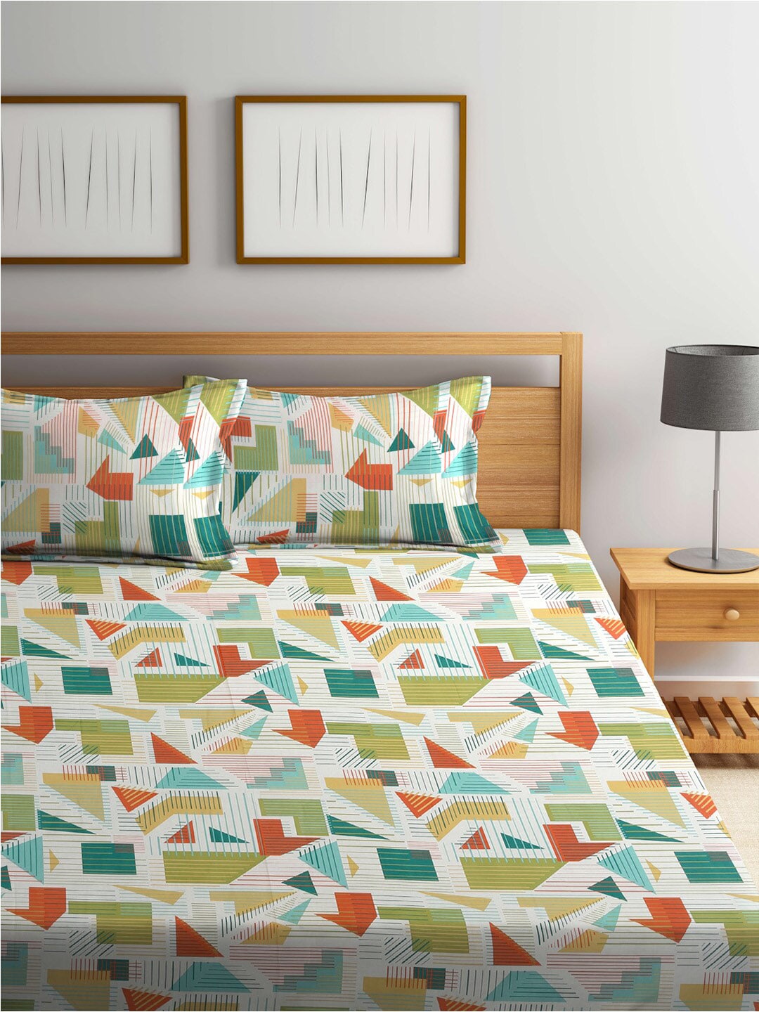 BOMBAY DYEING Serenita Yellow Geometric Cotton 144 TC King Bedsheet & 2 Pillow Covers - Distacart