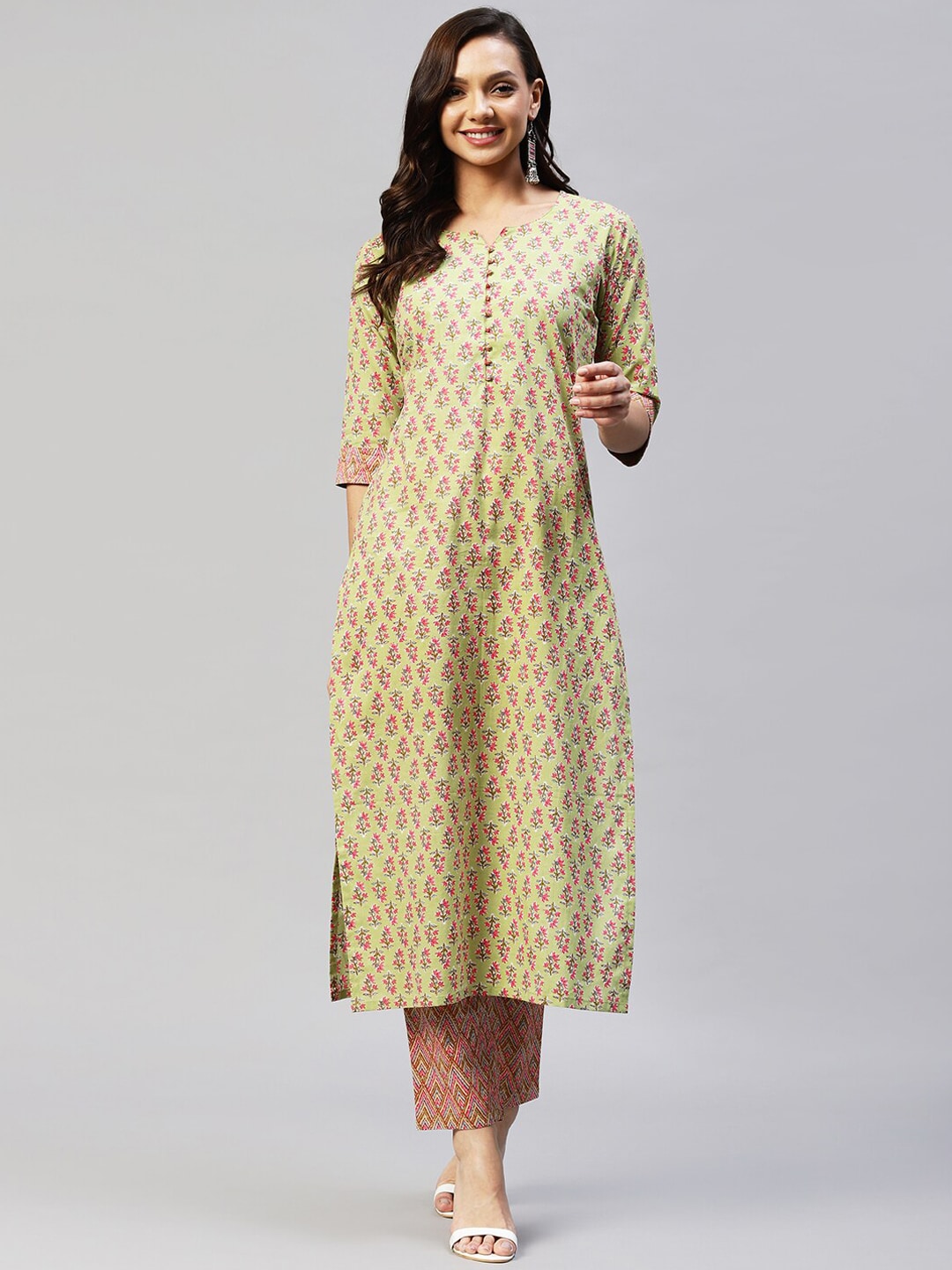 Kalini Women Green Floral Printed Kurta with Trousers - Distacart