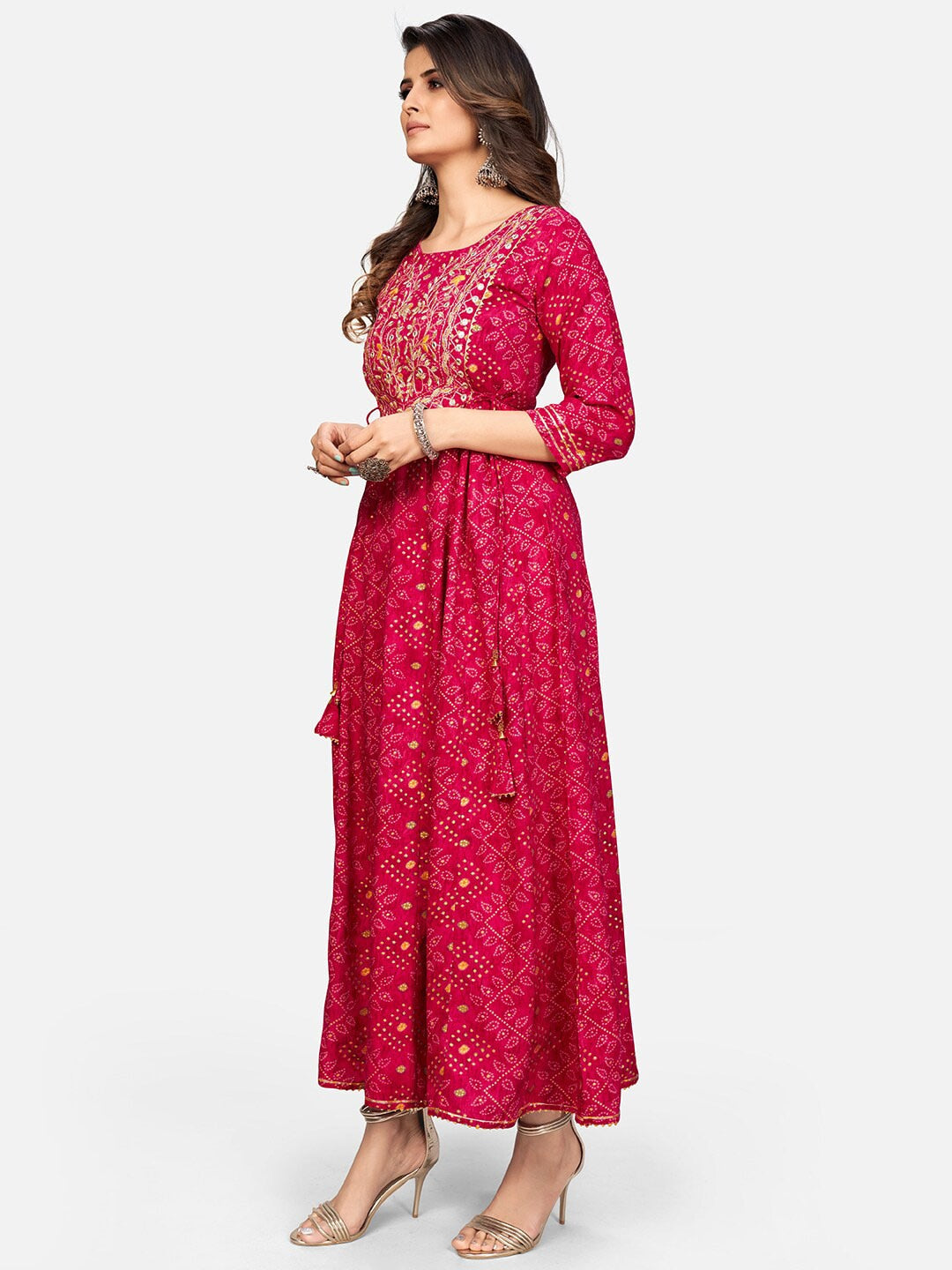 Kalini Women Pink Bandhani Printed Mirror Work Anarkali Kurta - Distacart