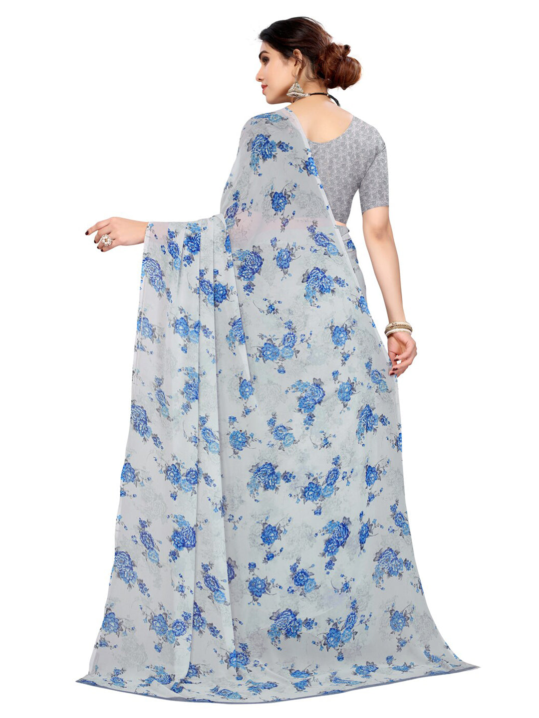 Kalini Grey & Blue Floral Pure Georgette Saree - Distacart